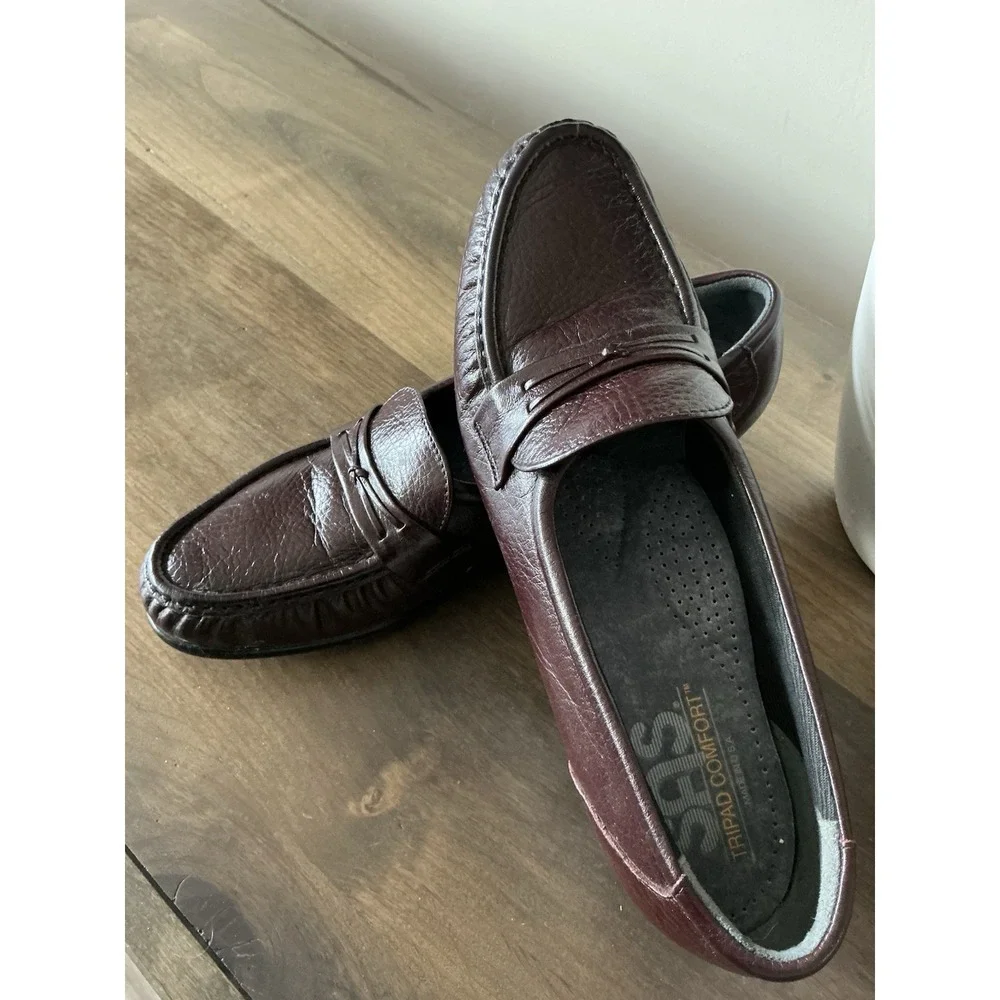 SAS Shoes Womens Easier Low Wedge Slip On Loafers Brown Leather Casual‎ 8.5 Slim